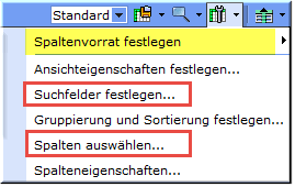 Screen: Über den Icon "Abfrage- und Ergebniseigenschaften festlegen" die Suchfelder und gewünschten Spalten auswählen