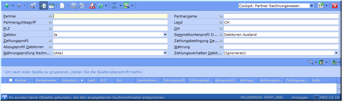 Screen: Suchfilter für die Kontrolle der Sammelkontenprofile Debitoren setzen