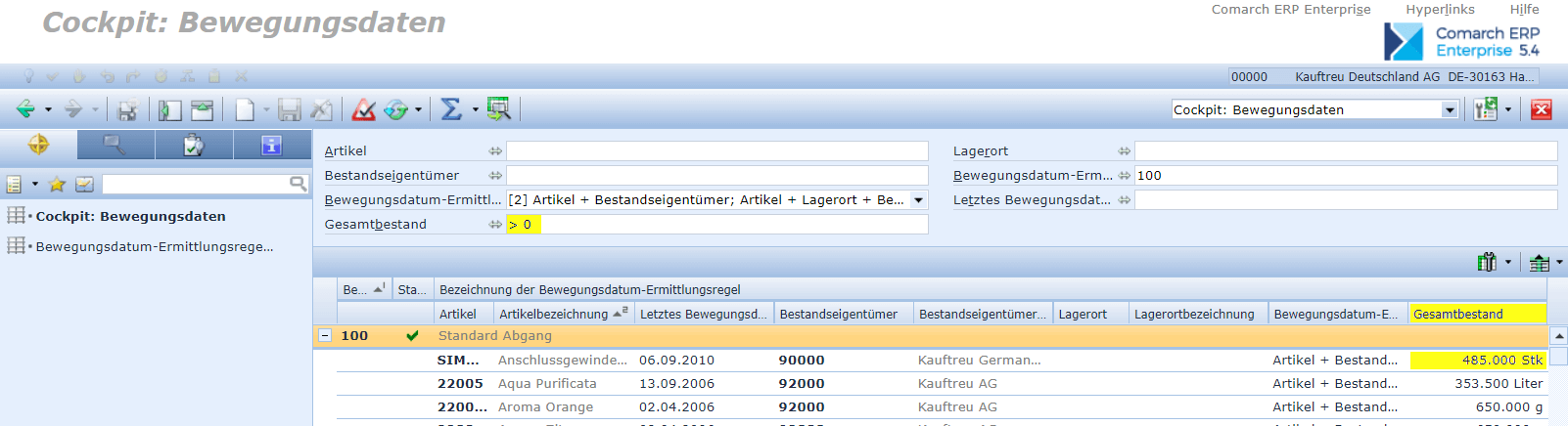 Screen: Bestand filtern im Cockpit Bewegungsdaten