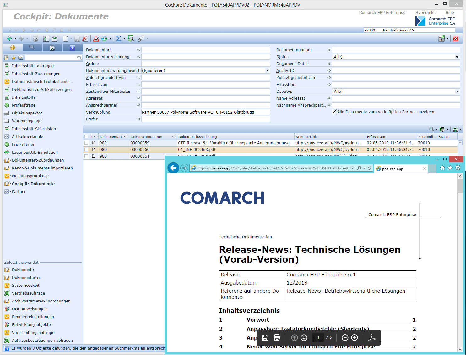 Screen: In Kendox archiviertes Dokument aus Comarch ERP heraus öffnen