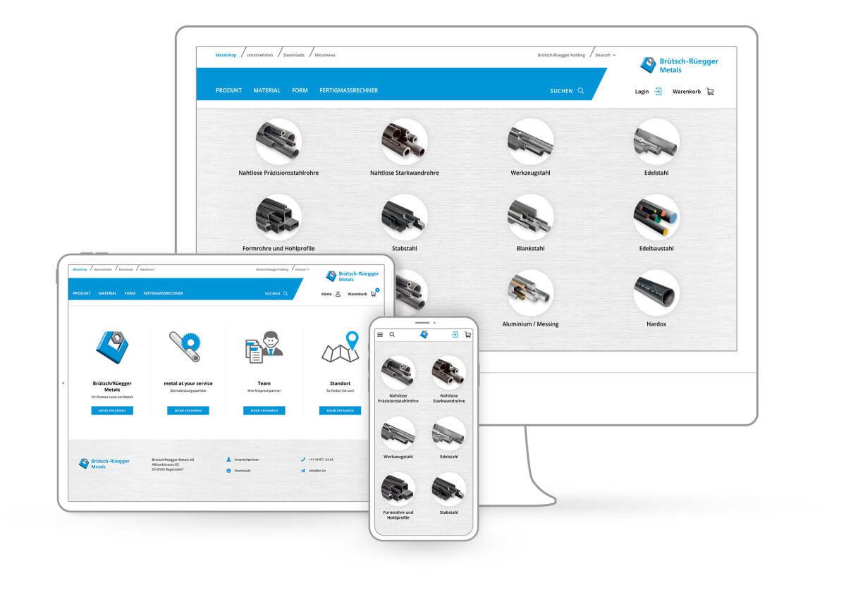 Screens: Responsive-Darstellung des neuen E-Shop von Brütsch/Rüegger Metals