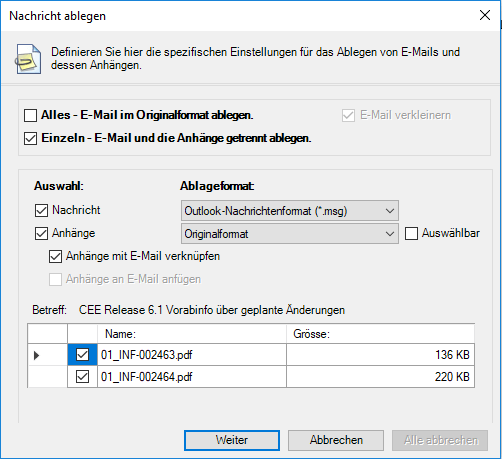 Screen: Einstellungsmöglichkeiten bei Archivierung aus Outlook