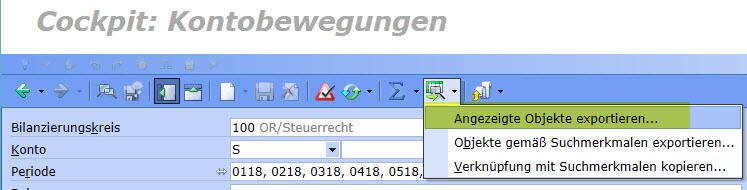 Screen: Angezeigte Objekte aus dem Cockpit Kontobewegungen exportieren