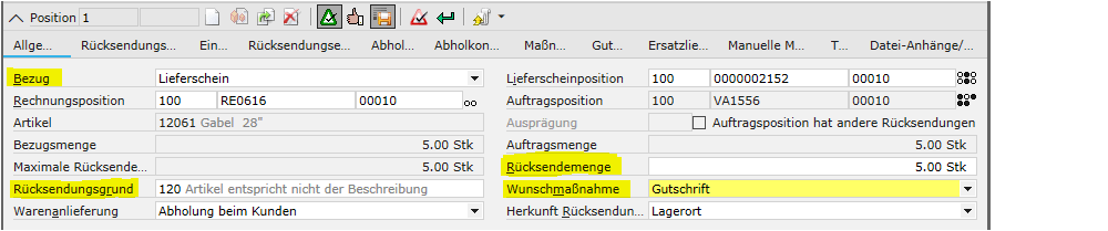 Screen: Positionsdaten für die Kundenrücksendung erfassen