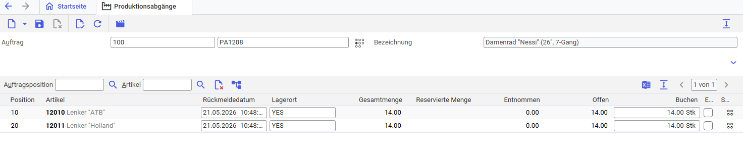 Rückmeldedatum in der Anwendung Produktionsabgänge