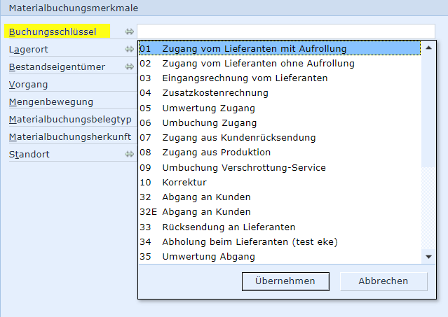 Screen: Buchungsschlüssel für die Ermittlungsregel festlegen