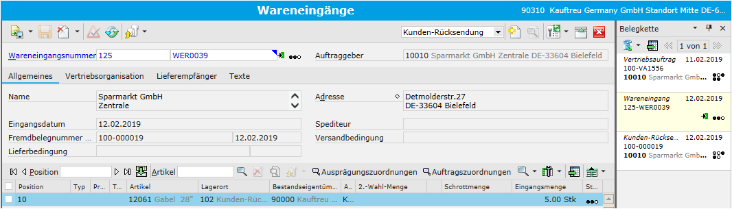 Screen: Automatische Aktualisierung der Belegkette im Wareneingang