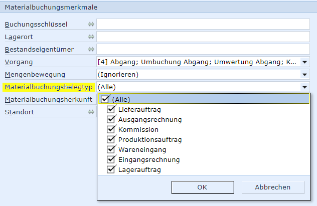 Screen: Materialbuchungsbelegtyp als Filter für Bewegungsdatenermittlung nutzen