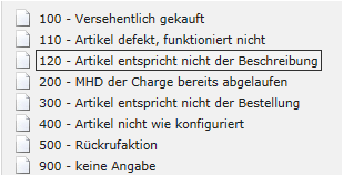 Screen: Beispiele für vordefinierte Rücksendungsgründe