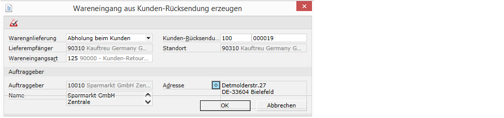 Screen: Detailinformationen für Wareneingang aus Kundenrücksendung angeben