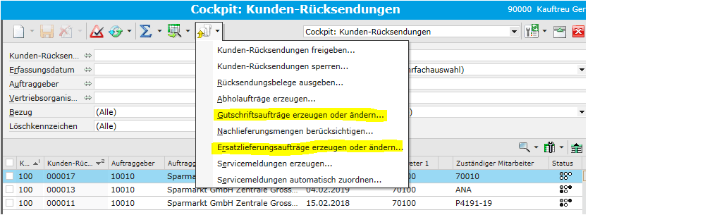 Screen: Aktionen aus dem Cockpit Kundenrücksendungen anstossen