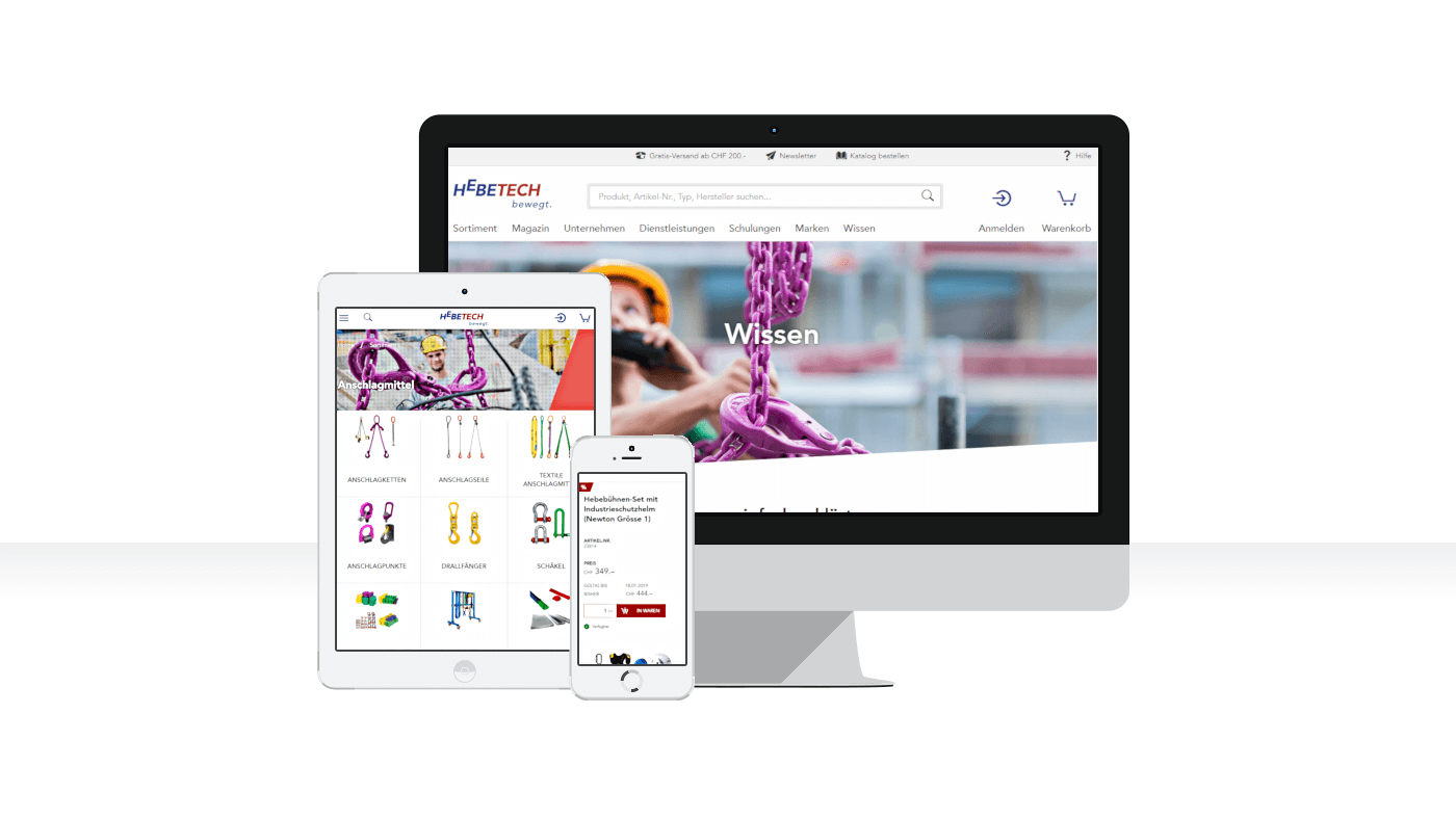 Beispiel-Screens: E-Shop & Website der Hebetech AG auf verschiedenen Geräten