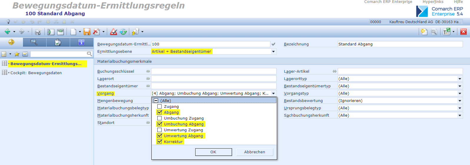 Screen: Abfrage-Regeln für Bewegungsdaten definieren