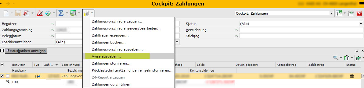 Avis im Cockpit Zahlungen auslösen