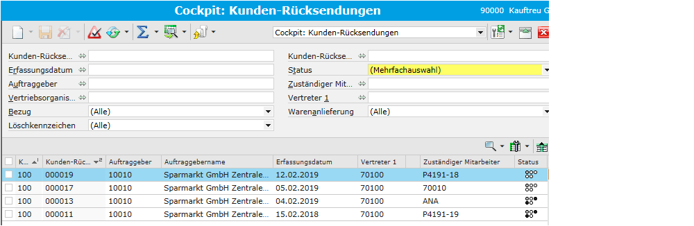 Screen: Übersicht im Cockpit Kundenrücksendungen