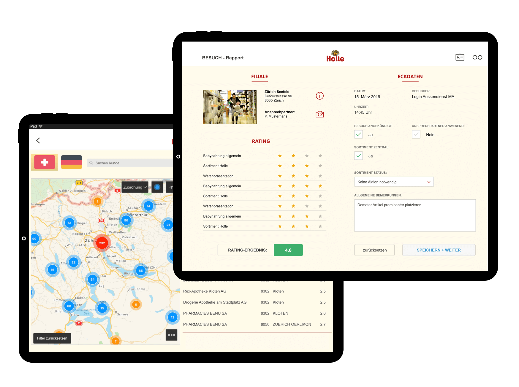 Screens: Store Inspector App für holle Baby food mit MicroStrategy