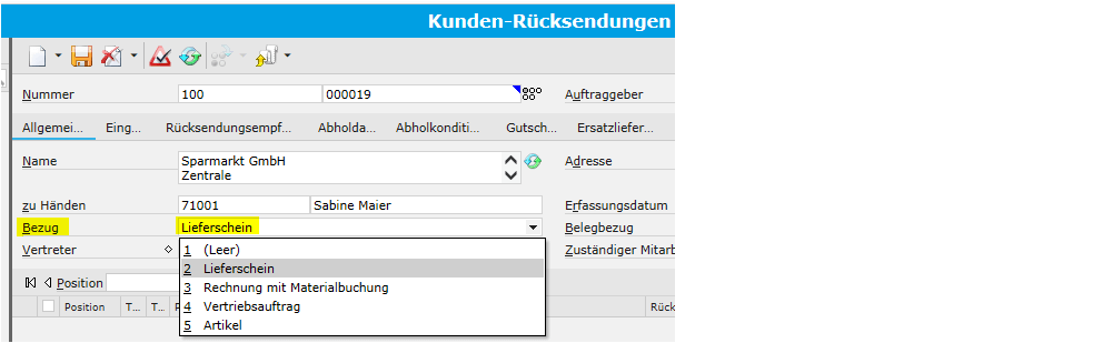 Screen: Belegbezug für Rücksendungen festlegen