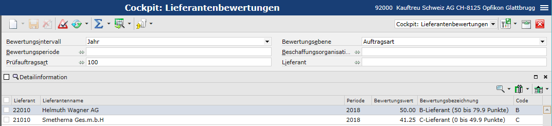 Cockpit Lieferantenbewertungen in der QS-App für CEE