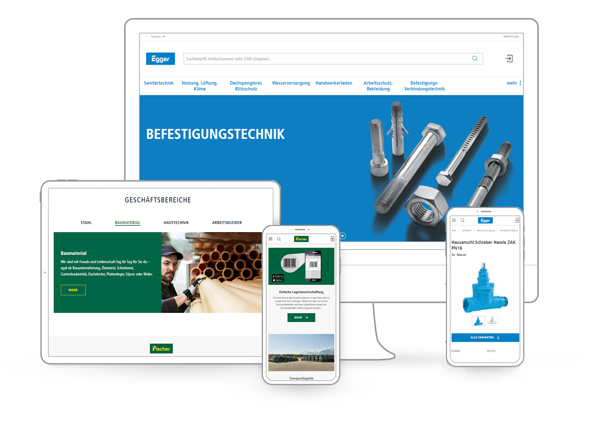 Screens: E-Shops von Fischer und Egger auf verschiedenen Geräten