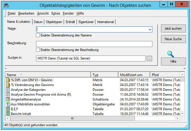 Screenshot: Suchergebnisse von Objektabhängigkeiten in MicroStrategy