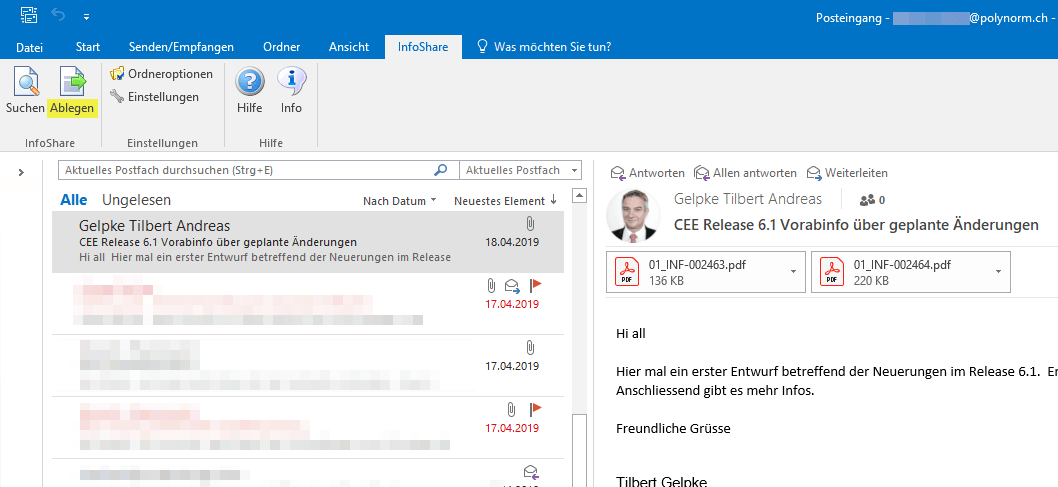 Screen: Email direkt aus Outlook in Kendox ablegen